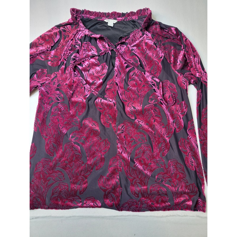Cato Pink Burnout Velvet Floral Blouse Long Sleeve Ruffle Neck Keyhole Top M 727